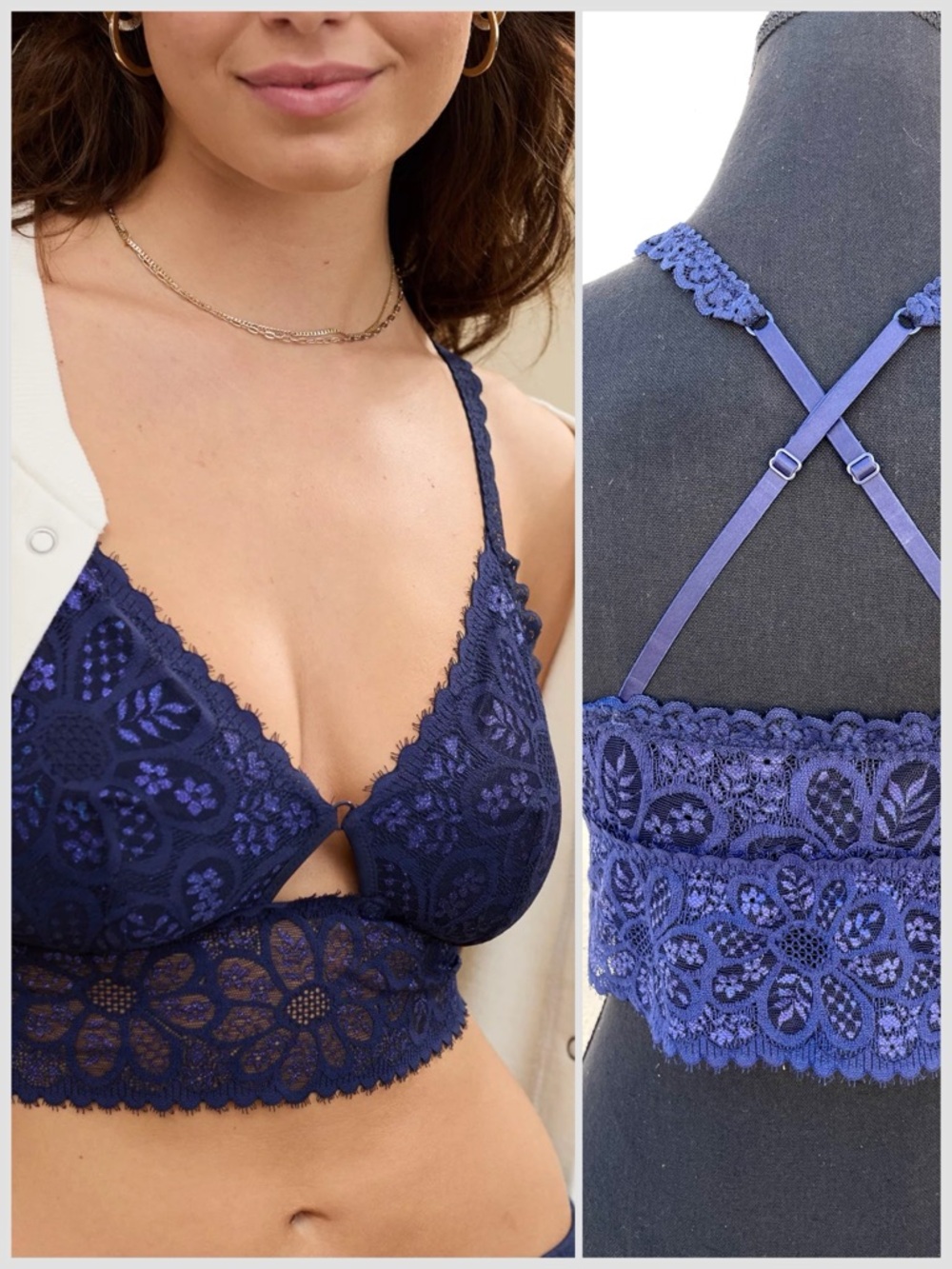 aerie Coquette Lace Longline Bralette Royal Blue “Show Off” W Small
